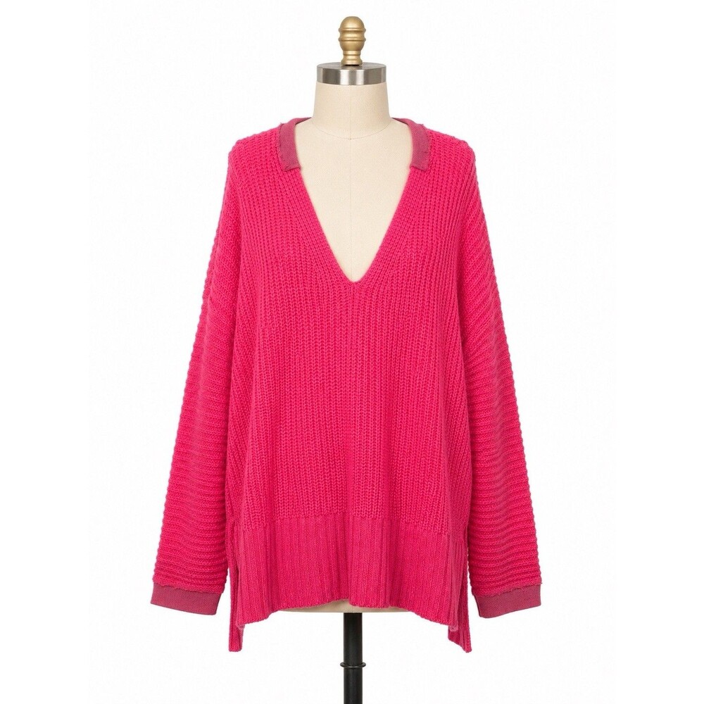 Free People Womens V Neck Oversized Sweater Size XS/S Bright Pink Tunic Pullover
